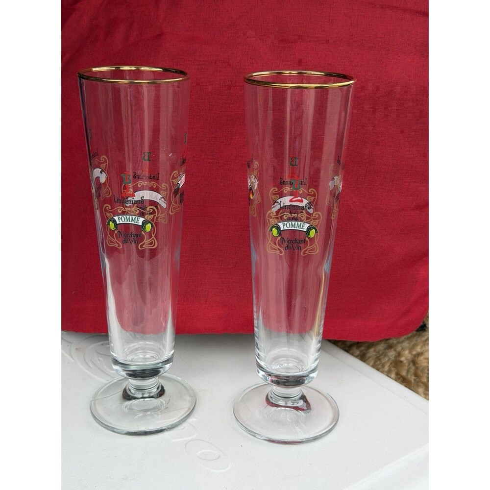 Lindemans Tall Pilsner Beer Glass Fluted Stem Gold Rim Set Of 2